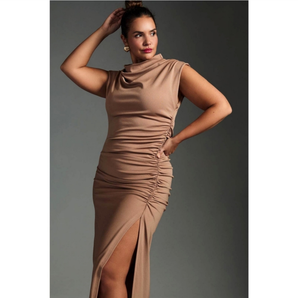 Anthropologie Tan Ruched Cowl Neck Midi Dress